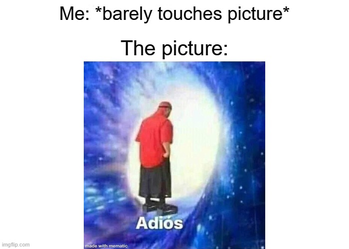 A D I O S | Me: *barely touches picture*; The picture: | image tagged in text adios | made w/ Imgflip meme maker