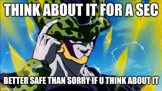 Super Perfect Cell Think About It | THINK ABOUT IT FOR A SEC; BETTER SAFE THAN SORRY IF U THINK ABOUT IT | image tagged in super perfect cell think about it,memes | made w/ Imgflip meme maker