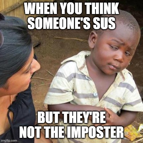 Hm... | WHEN YOU THINK SOMEONE'S SUS; BUT THEY'RE NOT THE IMPOSTER | image tagged in memes,third world skeptical kid | made w/ Imgflip meme maker