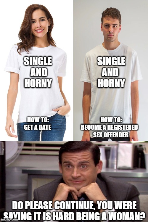 its easier being a man is it? | SINGLE                         SINGLE
AND                              AND
HORNY                         HORNY; HOW TO:                                             HOW TO:
           GET A DATE                          BECOME A REGISTERED
                                                               SEX OFFENDER; DO PLEASE CONTINUE, YOU WERE SAYING IT IS HARD BEING A WOMAN? | image tagged in dating,hard life,how to,really,famale vs male | made w/ Imgflip meme maker