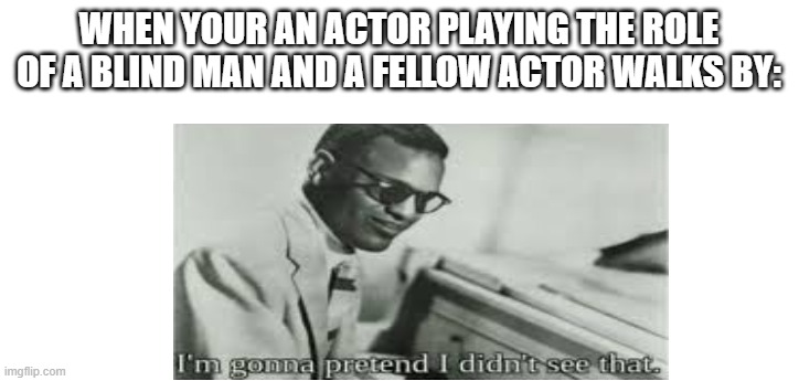 Well, I'm not wrong | WHEN YOUR AN ACTOR PLAYING THE ROLE OF A BLIND MAN AND A FELLOW ACTOR WALKS BY: | image tagged in memes | made w/ Imgflip meme maker