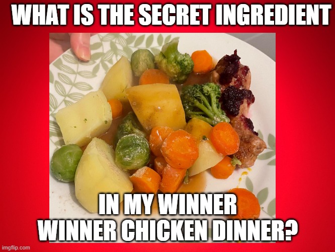 Din dins | WHAT IS THE SECRET INGREDIENT; IN MY WINNER WINNER CHICKEN DINNER? | image tagged in chicken | made w/ Imgflip meme maker