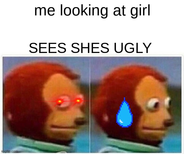 Monkey Puppet Meme | me looking at girl; SEES SHES UGLY | image tagged in memes,monkey puppet | made w/ Imgflip meme maker