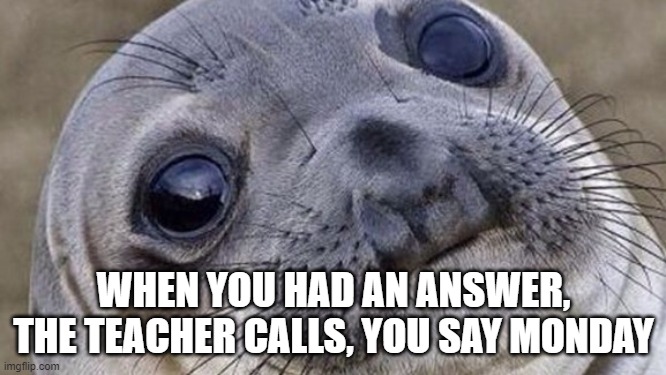 Confused seal |  WHEN YOU HAD AN ANSWER, THE TEACHER CALLS, YOU SAY MONDAY | image tagged in confused seal | made w/ Imgflip meme maker