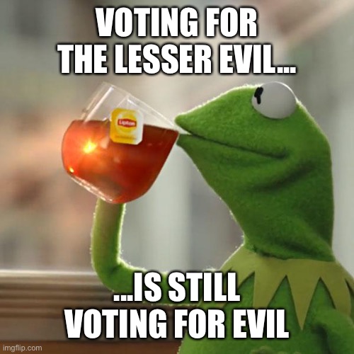 lesser evil | VOTING FOR THE LESSER EVIL... ...IS STILL VOTING FOR EVIL | image tagged in memes,but that's none of my business,kermit the frog | made w/ Imgflip meme maker