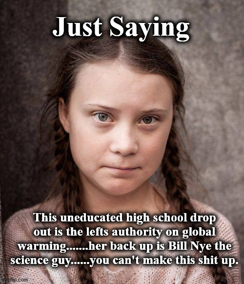 climate | Just Saying; This uneducated high school drop out is the lefts authority on global warming.......her back up is Bill Nye the science guy......you can't make this shit up. | image tagged in climate | made w/ Imgflip meme maker