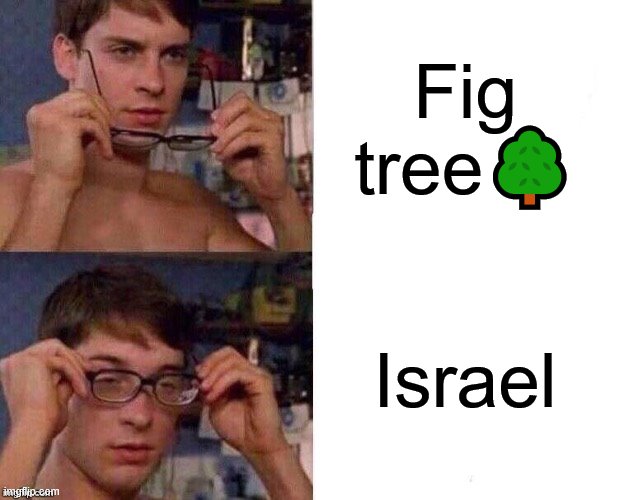 Luke 13:7
He said to the keeper of his vineyard, Look, for 3 years I have come seeking fruit on this fig tree and found none | Fig tree🌳; Israel | image tagged in spider-man glasses,israel,bible,holy bible,wwii | made w/ Imgflip meme maker