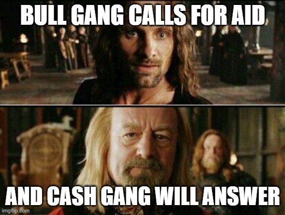 gondor calls for aid | BULL GANG CALLS FOR AID; AND CASH GANG WILL ANSWER | image tagged in gondor calls for aid | made w/ Imgflip meme maker