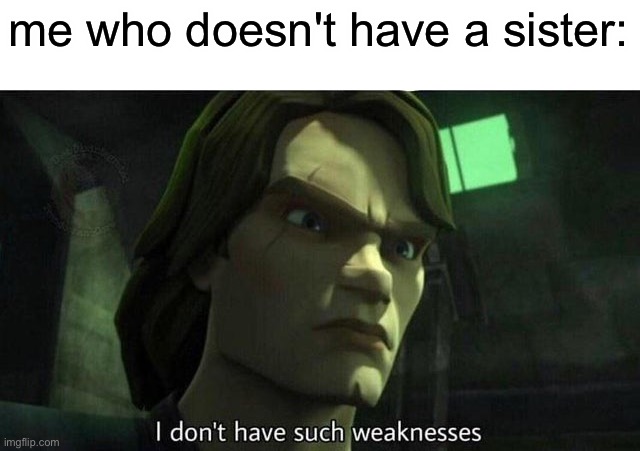 I don't have such weakness | me who doesn't have a sister: | image tagged in i don't have such weakness | made w/ Imgflip meme maker