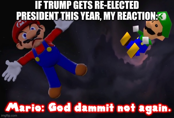 we all feel this way | IF TRUMP GETS RE-ELECTED PRESIDENT THIS YEAR, MY REACTION: | image tagged in smg4 mario not again | made w/ Imgflip meme maker