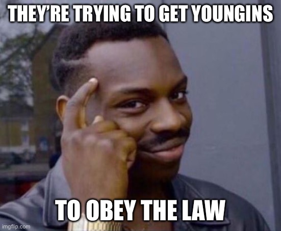black guy pointing at head | THEY’RE TRYING TO GET YOUNGINS TO OBEY THE LAW | image tagged in black guy pointing at head | made w/ Imgflip meme maker