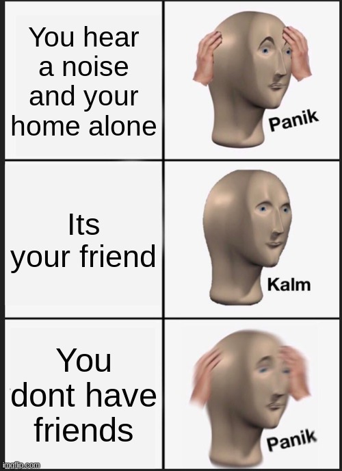 When you have no friends | You hear a noise and your home alone; Its your friend; You dont have friends | image tagged in memes,panik kalm panik | made w/ Imgflip meme maker