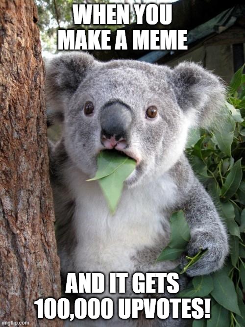 This hasn't happened to me personally, but I imagine this is what the reaction would be. | WHEN YOU MAKE A MEME; AND IT GETS 100,000 UPVOTES! | image tagged in memes,surprised koala | made w/ Imgflip meme maker