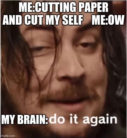 yes | ME:CUTTING PAPER AND CUT MY SELF    ME:OW; MY BRAIN: | image tagged in do it again | made w/ Imgflip meme maker