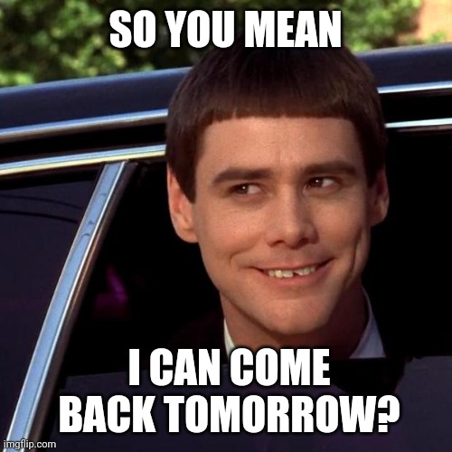 Dumb and Dumber | SO YOU MEAN I CAN COME BACK TOMORROW? | image tagged in dumb and dumber | made w/ Imgflip meme maker