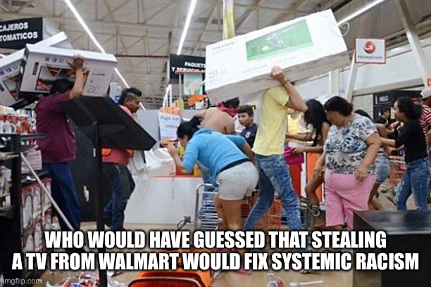 Funny how looting has never fixed anything before. Maybe they weren’t doing it right. | WHO WOULD HAVE GUESSED THAT STEALING A TV FROM WALMART WOULD FIX SYSTEMIC RACISM | image tagged in looters,systemic racism | made w/ Imgflip meme maker
