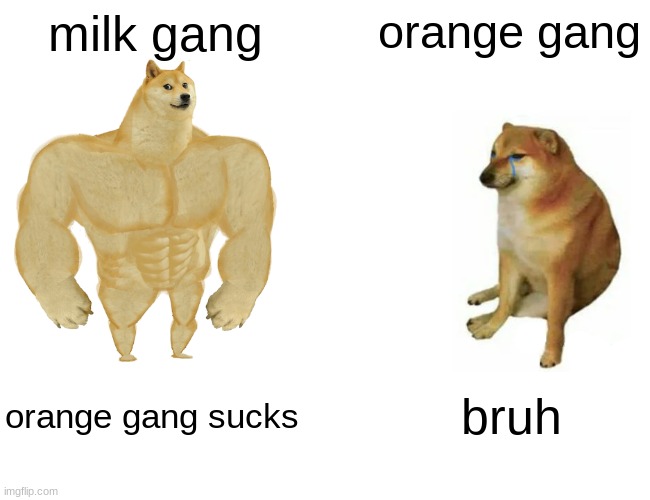 Buff Doge vs. Cheems | milk gang; orange gang; orange gang sucks; bruh | image tagged in memes,buff doge vs cheems,batman slapping robin | made w/ Imgflip meme maker