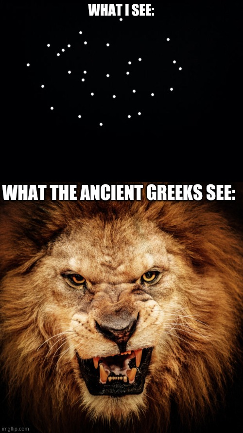 WHAT I SEE: WHAT THE ANCIENT GREEKS SEE: | image tagged in black background,fierce lion | made w/ Imgflip meme maker