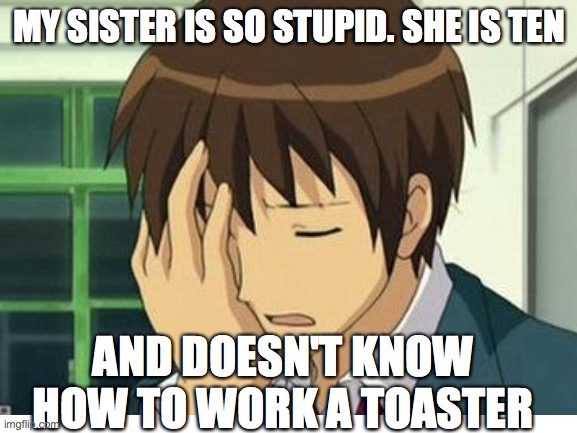 plz send help | MY SISTER IS SO STUPID. SHE IS TEN; AND DOESN'T KNOW HOW TO WORK A TOASTER | image tagged in help me,please help me,send help,please | made w/ Imgflip meme maker