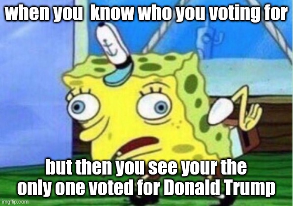 who are you voting for | when you  know who you voting for; but then you see your the only one voted for Donald Trump | image tagged in memes,mocking spongebob | made w/ Imgflip meme maker