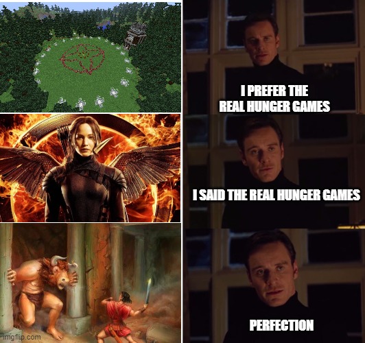 perfection | I PREFER THE REAL HUNGER GAMES; I SAID THE REAL HUNGER GAMES; PERFECTION | image tagged in perfection | made w/ Imgflip meme maker