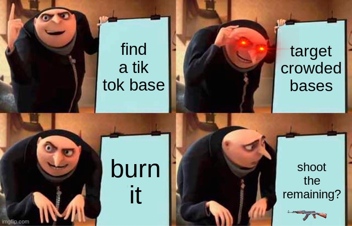 planz | find a tik tok base; target crowded bases; burn it; shoot the remaining? | image tagged in memes,gru's plan | made w/ Imgflip meme maker