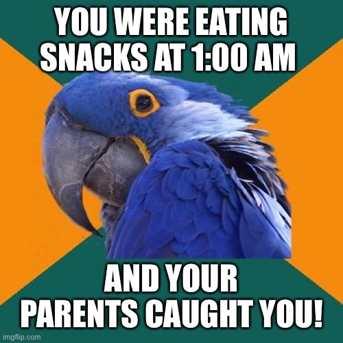 Paranoid Parrot | YOU WERE EATING SNACKS AT 1:00 AM; AND YOUR PARENTS CAUGHT YOU! | image tagged in memes,paranoid parrot | made w/ Imgflip meme maker