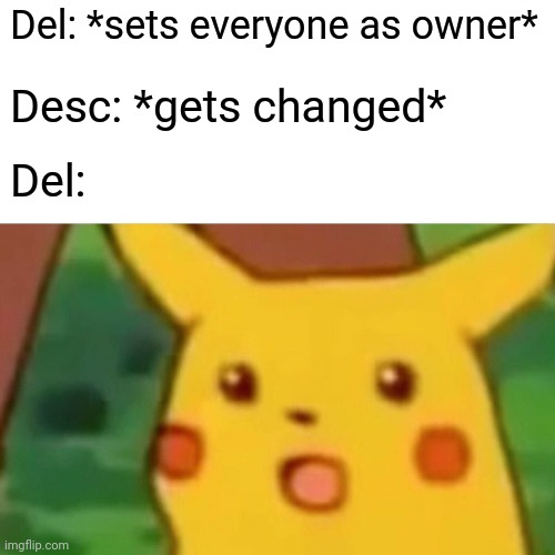 Surprised Pikachu | Del: *sets everyone as owner*; Desc: *gets changed*; Del: | image tagged in memes,surprised pikachu | made w/ Imgflip meme maker