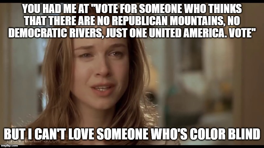 YOU HAD ME AT "VOTE FOR SOMEONE WHO THINKS THAT THERE ARE NO REPUBLICAN MOUNTAINS, NO DEMOCRATIC RIVERS, JUST ONE UNITED AMERICA. VOTE" BUT  | made w/ Imgflip meme maker