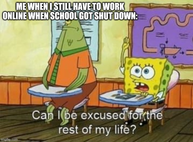 Can I be excused for the rest of my life? | ME WHEN I STILL HAVE TO WORK ONLINE WHEN SCHOOL GOT SHUT DOWN: | image tagged in can i be excused for the rest of my life | made w/ Imgflip meme maker