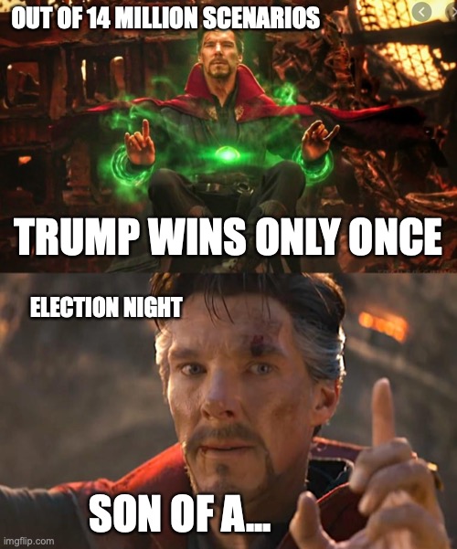 2020 Polling | OUT OF 14 MILLION SCENARIOS; TRUMP WINS ONLY ONCE; ELECTION NIGHT; SON OF A... | image tagged in election 2020 | made w/ Imgflip meme maker