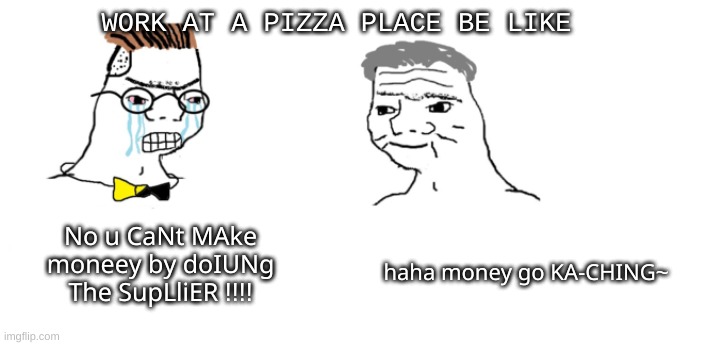 This  sums up Roblox Work at a pizza place |  WORK AT A PIZZA PLACE BE LIKE; No u CaNt MAke moneey by doIUNg The SupLliER !!!! haha money go KA-CHING~ | image tagged in nooo haha go brrr,roblox dab | made w/ Imgflip meme maker