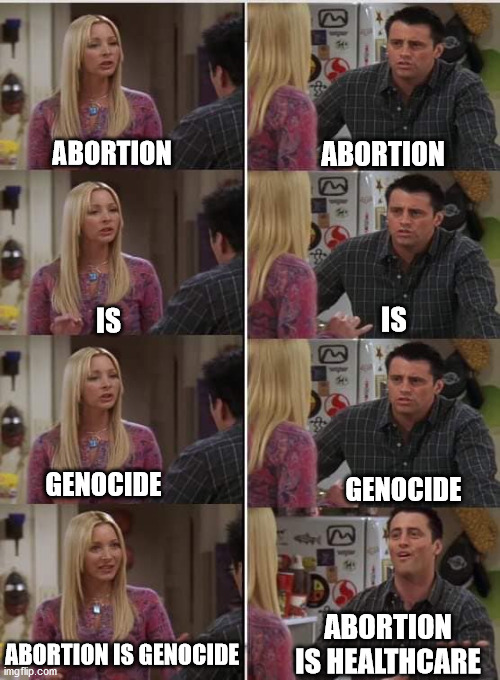 "My body my choice" isn't correct. The baby isn't your body. It's the baby's own body. The baby deserves a chance of life. | ABORTION; ABORTION; IS; IS; GENOCIDE; GENOCIDE; ABORTION IS HEALTHCARE; ABORTION IS GENOCIDE | image tagged in friends joey teached french,abortion is murder,politics | made w/ Imgflip meme maker