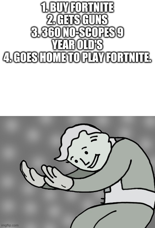 1. BUY FORTNITE
2. GETS GUNS
3. 360 NO-SCOPES 9 YEAR OLD'S
4. GOES HOME TO PLAY FORTNITE. | image tagged in blank white template,hol up | made w/ Imgflip meme maker