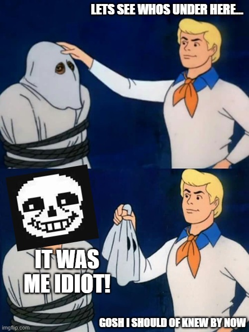 sans is the vililan | LETS SEE WHOS UNDER HERE... IT WAS ME IDIOT! GOSH I SHOULD OF KNEW BY NOW | image tagged in fred mask fred | made w/ Imgflip meme maker