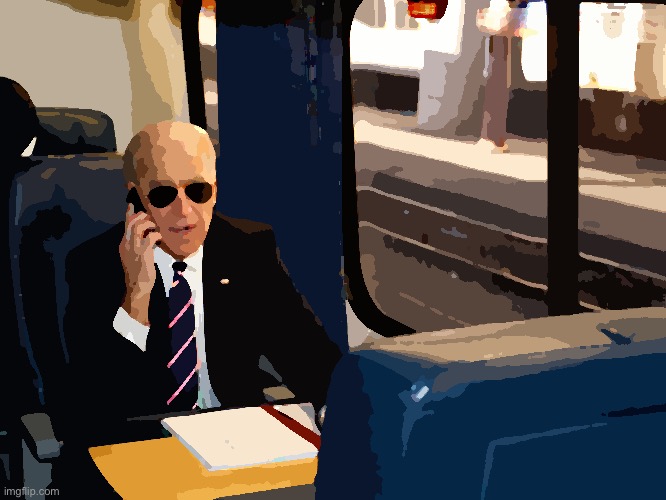 [apropos of nothing: Joe Biden on an Amtrak, posterized] | image tagged in joe biden amtrak | made w/ Imgflip meme maker