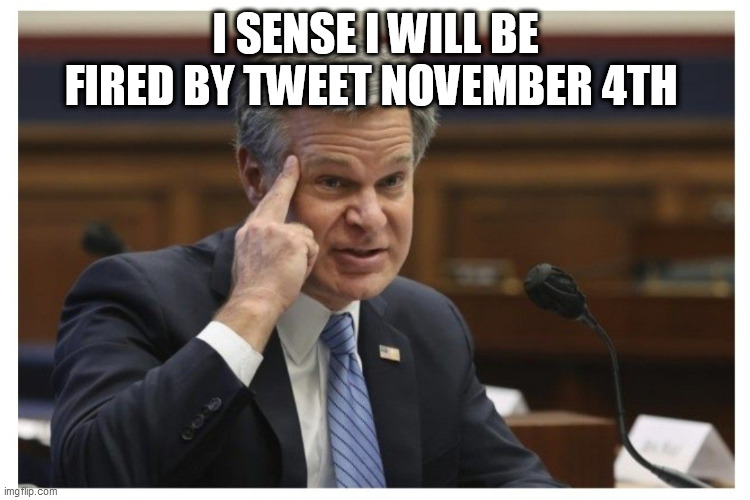 Wray if | I SENSE I WILL BE FIRED BY TWEET NOVEMBER 4TH | image tagged in wray if | made w/ Imgflip meme maker