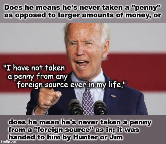 What did Biden really mean? | does he mean he's never taken a penny
from a "foreign source" as in; it was
handed to him by Hunter or Jim | image tagged in politics | made w/ Imgflip meme maker