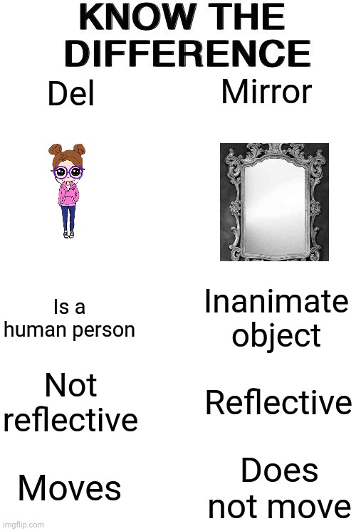 Know The Difference | Del Mirror Is a human person Inanimate object Not reflective Reflective Moves Does not move | image tagged in know the difference | made w/ Imgflip meme maker