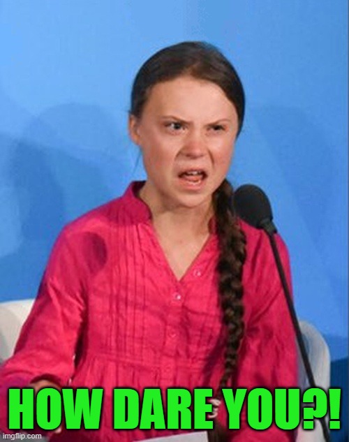 Greta Thunberg how dare you | HOW DARE YOU?! | image tagged in greta thunberg how dare you | made w/ Imgflip meme maker