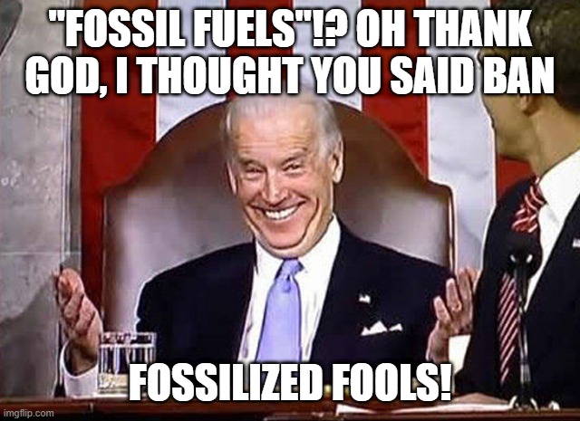 "FOSSIL FUELS"!? OH THANK GOD, I THOUGHT YOU SAID BAN FOSSILIZED FOOLS! | made w/ Imgflip meme maker