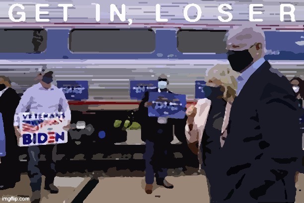 [Brainwashed antifa super-soldiers rally for Biden in front of socialized train; 2020 colorized] | image tagged in election 2020,antifa,veterans,biden,i like trains,socialism | made w/ Imgflip meme maker