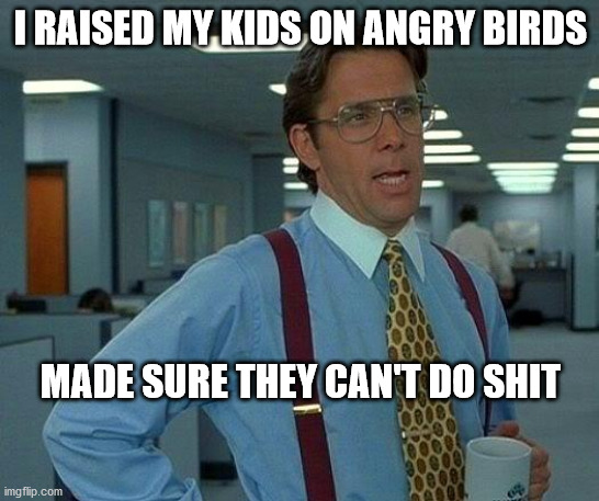 That Would Be Great Meme | I RAISED MY KIDS ON ANGRY BIRDS; MADE SURE THEY CAN'T DO SHIT | image tagged in memes,that would be great | made w/ Imgflip meme maker