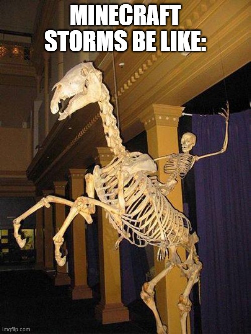 spooky horse and rider skeleton | MINECRAFT STORMS BE LIKE: | image tagged in spooky horse and rider skeleton | made w/ Imgflip meme maker