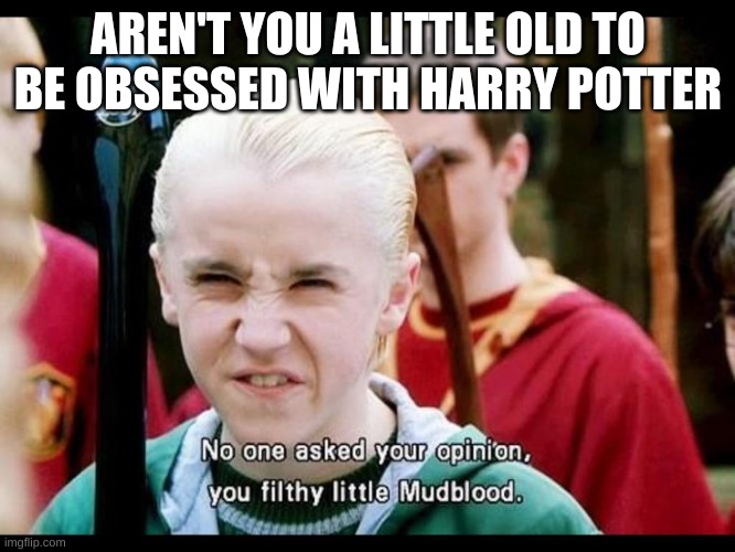 Draco Malfoy | AREN'T YOU A LITTLE OLD TO BE OBSESSED WITH HARRY POTTER | image tagged in draco malfoy | made w/ Imgflip meme maker