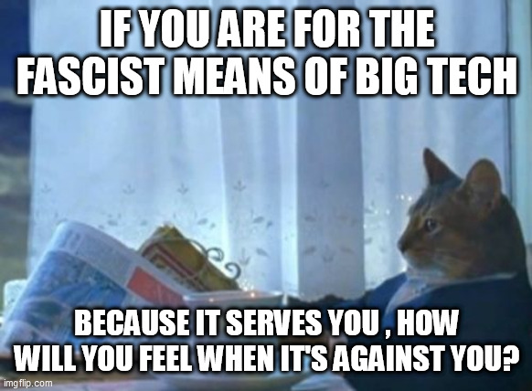I Should Buy A Boat Cat Meme | IF YOU ARE FOR THE FASCIST MEANS OF BIG TECH; BECAUSE IT SERVES YOU , HOW WILL YOU FEEL WHEN IT'S AGAINST YOU? | image tagged in memes,i should buy a boat cat | made w/ Imgflip meme maker