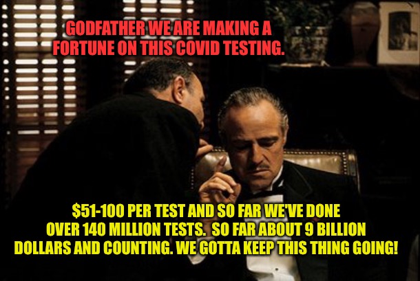 Godfather | GODFATHER WE ARE MAKING A FORTUNE ON THIS COVID TESTING. $51-100 PER TEST AND SO FAR WE'VE DONE OVER 140 MILLION TESTS.  SO FAR ABOUT 9 BILLION DOLLARS AND COUNTING. WE GOTTA KEEP THIS THING GOING! | image tagged in godfather | made w/ Imgflip meme maker