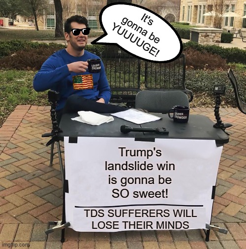 Change My Mind | It's gonna be YUUUUGE! Trump's
landslide win
is gonna be
SO sweet! TDS SUFFERERS WILL
LOSE THEIR MINDS | image tagged in change my mind,trump 2020,creepy joe biden,msm lies,cnn fake news,hillary for prison | made w/ Imgflip meme maker