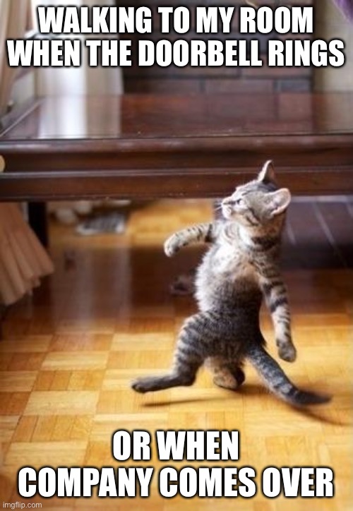 Cool Cat Stroll Meme | WALKING TO MY ROOM WHEN THE DOORBELL RINGS; OR WHEN COMPANY COMES OVER | image tagged in memes,cool cat stroll | made w/ Imgflip meme maker