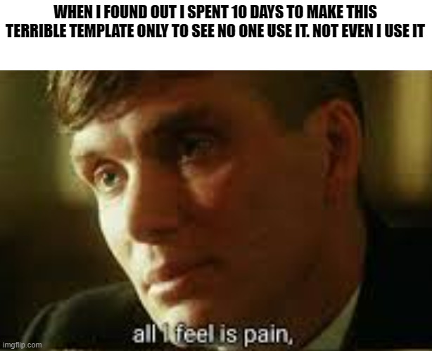 eh. its a terrible template anyway. i got pain now. see what i did there? | WHEN I FOUND OUT I SPENT 10 DAYS TO MAKE THIS TERRIBLE TEMPLATE ONLY TO SEE NO ONE USE IT. NOT EVEN I USE IT | image tagged in pain,gotanypain,726 days left | made w/ Imgflip meme maker